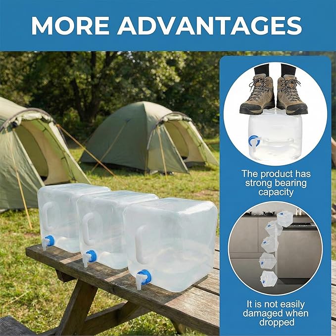 3-Pack 5.3 Gallon (20L) Collapsible Water Containers with Spigot - Food Grade PE Water Jug - Leak-Proof Water Storage Bag for Camping, Hiking & Emergency Backup - Portable, Foldable