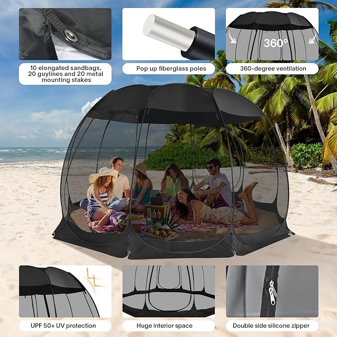 Alvantor Pop Up Screen House Gazebo with Mosquito Netting, Instant UV Resistant Sun Shelter for Patio & Backyard, Portable Canopy Tent for 2-10 Person
