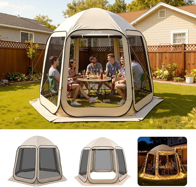 VEVOR 10 x 9.2 ft Pop-Up Screen House Tent, 4–8 Person Portable Screen Gazebo w/Carry Bag, Netting Sides & Ground Stakes, Quick Setup, Screened in Canopy for Garden, Patio & Backyard, Outdoor, Beige