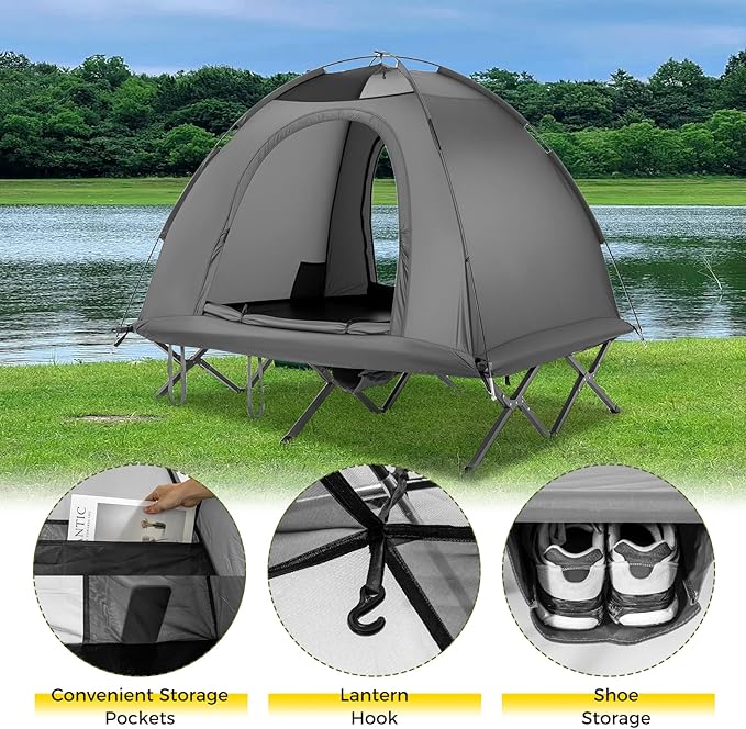 GYMAX 2-Person Tent Cot, 3 in 1 Folding Off-Ground Cot Bed Combo with Portable Wheeled Bag, Waterproof Rainfly, 2 Mesh Doors & Skylight Roof for Hiking, Backpacking, Outdoor