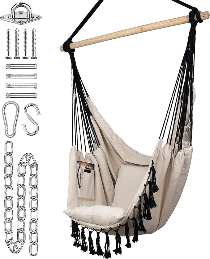 KOMOREBI Hammock Chair - Ivory Black - 60" x 47" - Hanging Rope Swing for Indoor & Outdoor - Soft & Durable Cotton Canvas - 2 Cushions Included - Large Macrame Hanging Chair for Bedroom, Patio, Porch