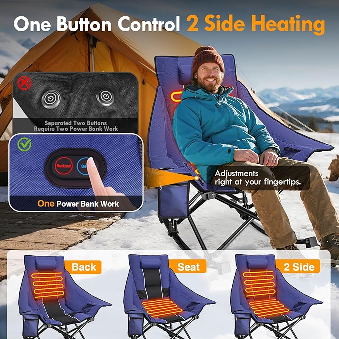 Slendor Oversized Heated Camping Chair, Folding Heated Rocking Chair with Padded Pillow, 3 Adjustable Heat Settings Portable Camp Chair for Outdoor & Indoor Use, NO Power Bank, Blue