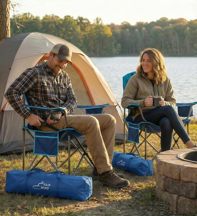 FAIR WIND Heavy Duty Camping Chair, Oversized Padded Folding Chair for Big and Tall (450lbs), Extra Wide Seat with Integrated Cooler & Storage Pocket, Adjustable Lumbar Support for Outdoor