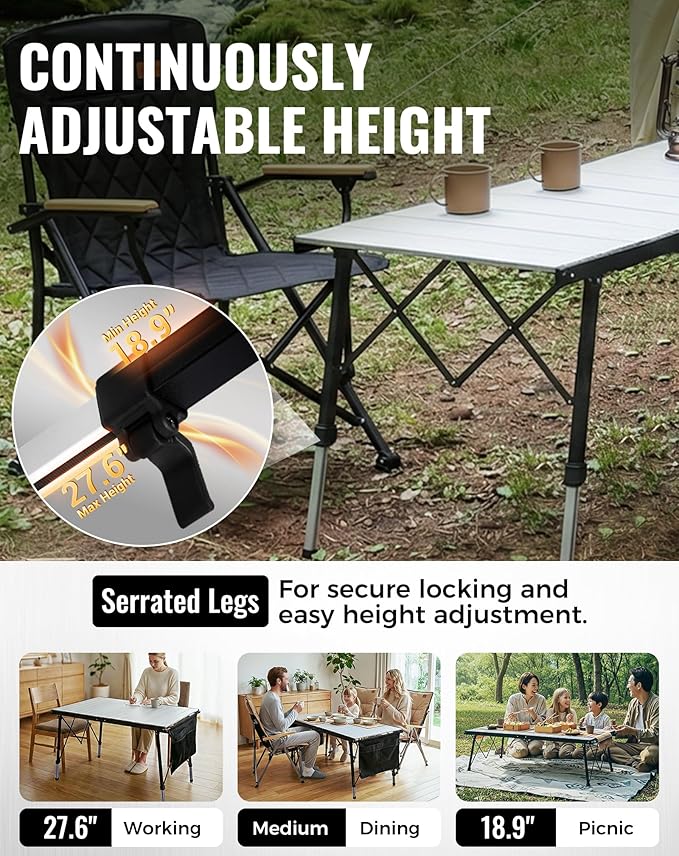 KingCamp Folding Camping Table Foldable, 55.1" x27.6" Aluminum Roll Up Table with Adjustable Height 6-7 Person Camp Tables Outdoor with Carrying Bag for BBQ, Patio, and Picnic Loads 265 Lbs