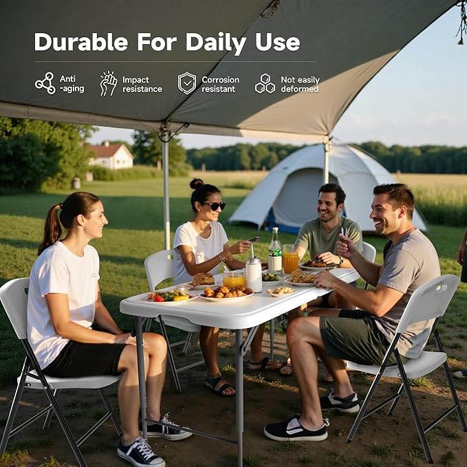4FT Folding Table Set with 4 Chairs – Heavy-Duty 400 lbs Table & 600 lbs Chair Capacity, Portable Foldable Table & Chair Set for Camping, Parties, Indoor & Outdoor Use