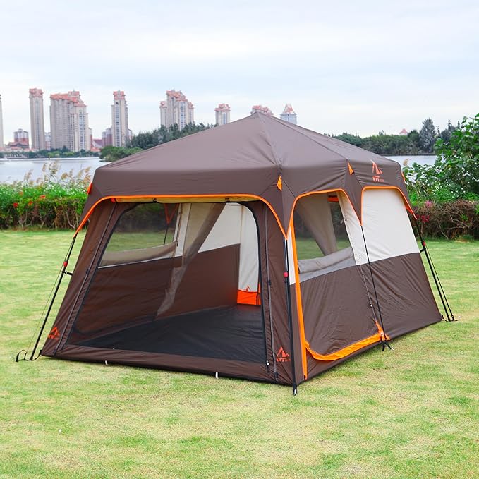 KTT Extra Large Tent 10-12-14 Person(B),Family Cabin Tents,2 Rooms,3 Doors and 3 Windows with Mesh,Straight Wall,Waterproof,Double Layer,Big Tent for Outdoor,Picnic,Camping,Family Gathering