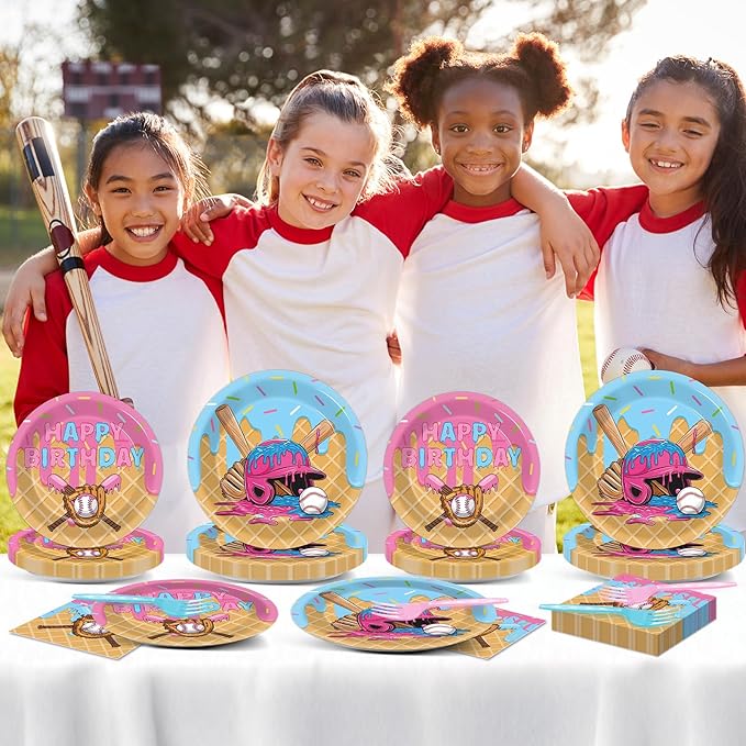 96 Pcs Ice Cream Drip Baseball Party Supplies Baseball Ice Cream Drip Party Plates and Napkins Sport Theme Tableware Dinnerware Set for Team Gift Sport Birthday Camping Baby Shower Parties Favors