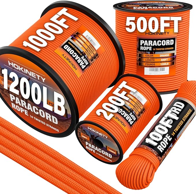 1200 Paracord Rope - 4.4mm 14 Strand Nylon Parachute Spool para Cord Lanyard for Outdoor Camping Survival Utility Tent Crafting DIY Projects Fishing Clothsline Bracelet - Orange 200FT