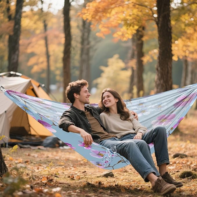 Blue Background Pink Flowers Camping Hammock Single Portable Hammocks 330 lbs Capacity with 2 Tree Straps and Attached Carry Bag,Perfect for Outdoor,Indoor,Beach,Camping,Travel