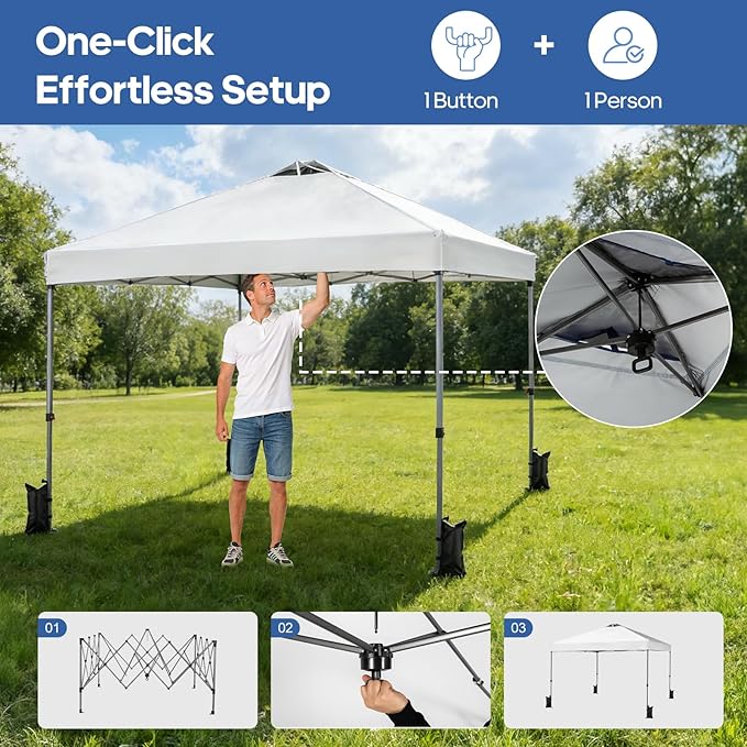 10x10 FT Pop Up Canopy, Easy Up Canopy Tent for Outdoor Patio, Backyard Parties Camping & Beach, Heavy Duty Instant Canopies with 1-Button Setup, 3 Adjustable Heights, UPF 50+ & Wheeled Bag