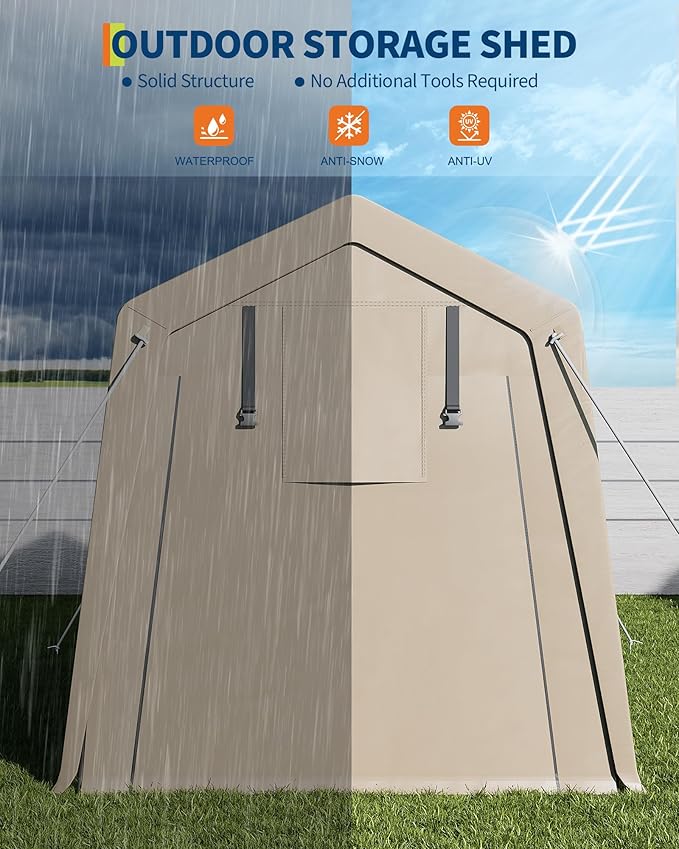 6x6FT Carport, Heavy Duty Motorcycle Shed with Waterproof PE Tarp, Portable Outdoor Storage Shed for Bikes and Firewood, All-Weather Car Shelter with Roll-Up Zipper Door, 6x6FT, Gray
