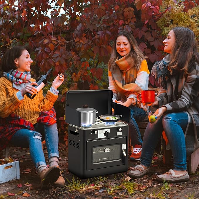 Bonnlo 2-in-1 Camping Oven & Portable Gas Stove Combo with 3-side Windscreen, Powerful 19,800 BTU Propane Oven with One-click Ignition, Heat-resistant Coating & Thermometer for Outdoor Use, Black
