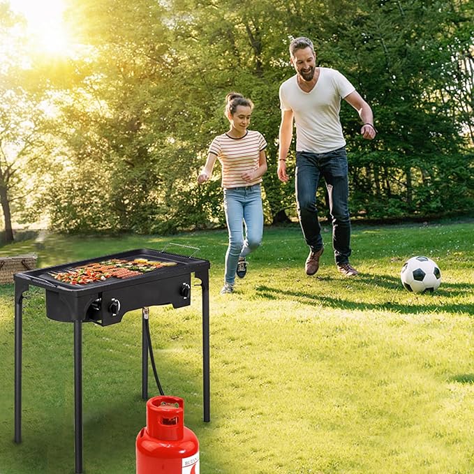 Double Propane Outdoor Burner, 150,000 BTU Camping Cooker,Heavy Duty Iron Cast Patio Burner with Removable Legs, Portable Propane Stove Gas Cooker for Home Brewing, Stir Frying, Camping, Tailgating