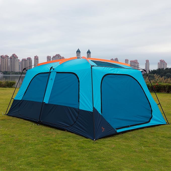 KTT Extra Large Tent 12 Person,Family Cabin Tents,Awning,2 Rooms,4 Doors and 4 Windows with Mesh,Straight Wall,Waterproof,Double Layer,Big Tent for Outdoor,Picnic,Camping,Family Gathering