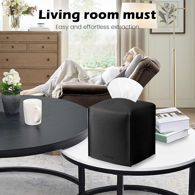 Tissue Box Cover, Tclouda, Modern PU Leather Square Tissue Box Holder for Creative Decorative, 2 Pack, Ideal for Bathrooms/Office/Car/Nightstand/Outdoor Tent/Dining Table, 5"X5"X5", Double Black