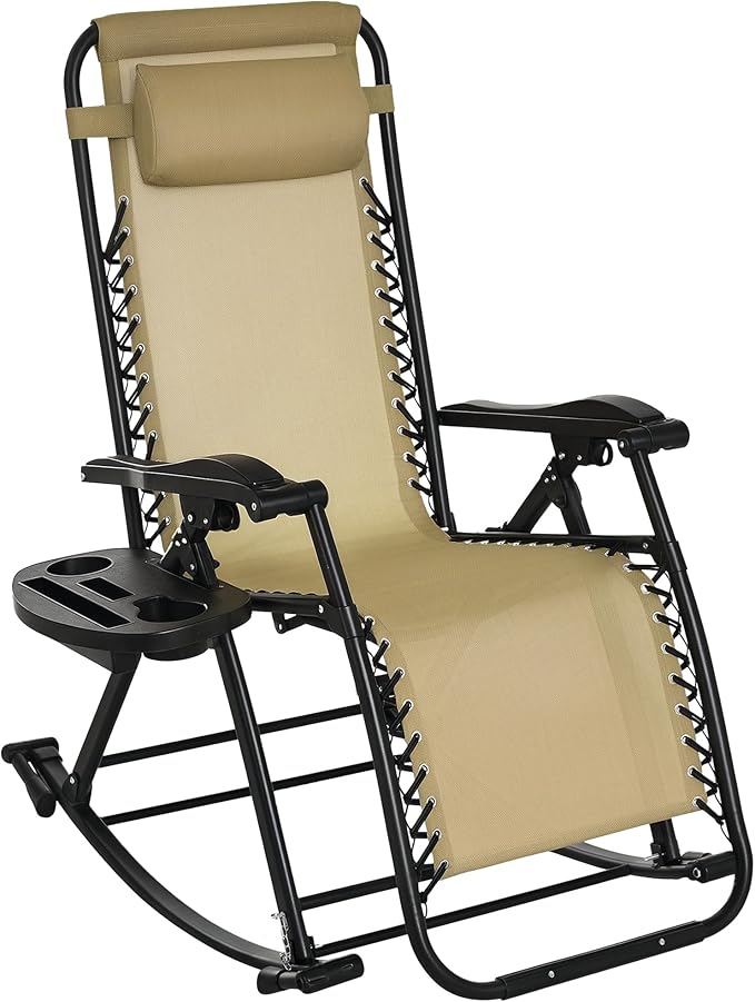 Outsunny Outdoor Rocking Chairs, Foldable Reclining Zero Gravity Lounge Rocker with Pillow, Phone & Cup Holder, Combo Design with Folding Legs, Beige