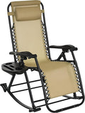 Outsunny Outdoor Rocking Chairs, Foldable Reclining Zero Gravity Lounge Rocker with Pillow, Phone & Cup Holder, Combo Design with Folding Legs, Beige