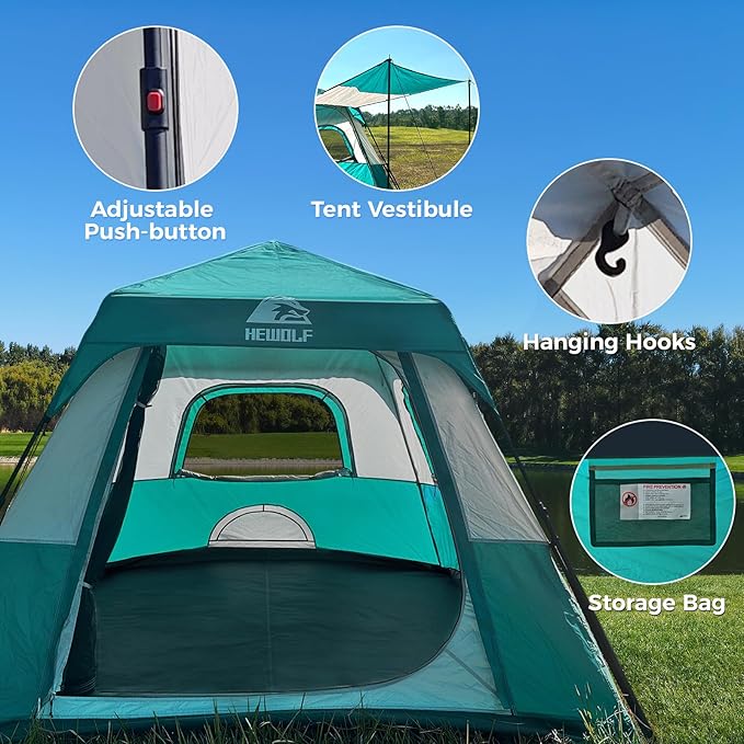 Hewolf Instant Tent for 4-6 Person Camping, Waterproof Easy Pop Up Tent Sets Up in 60 Seconds for Family Outdoor Hiking & Backpacking with Carry Bag