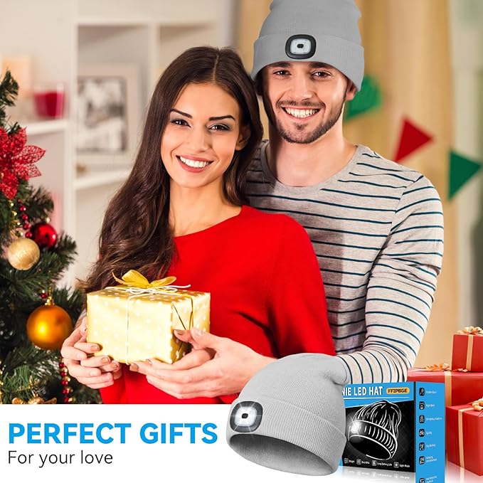 Valentines Day Gifts for Him, Beanie Hats with Light, USB Rechargeable LED Hand Free Headlamp, Birthday Gifts for Men, Women, and Teens, Ideal for Camping, Hiking, 2 Pack, Grey