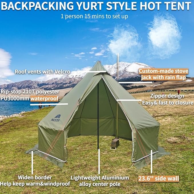 DANCHEL OUTDOOR HT02 4 Season Hot Tent With Stove Jack - Waterproof Yurt for 1-3 Person Backpacking, 6.6lbs, 210T Rip-Stop Polyester, Brown, 10.5ft/3m Diameter