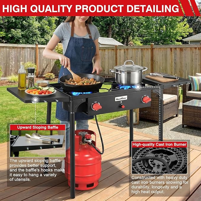 Bestfire 2 burner Camping Stove with Auto Ignition Button,Side Shelves & Regulator150,000 BTU High Pressure Gas Stove Propane Burner With Removable Legs for Outdoor BBQ&Backyard Cooking Camping Home