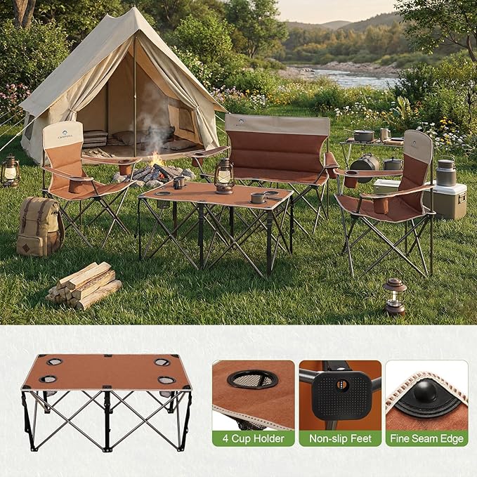 CAMPHILL Camping Chair Set of 3, Outdoor Folding Camping Chairs for Heavy People with Cup Holder & Carry Bag,Collapsible Chair Include One Sofa Chair and Two Single Chair,Support up to 500lbs