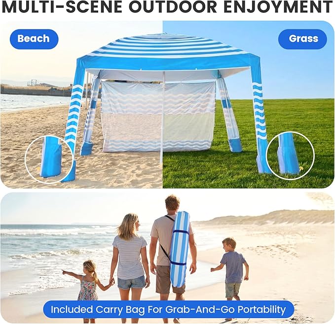 Zeraty Beach Cabana 8'×8', Portable Beach Canopy with Side Wall, Easy Pop Up UPF 50+ Silver-Coated Beach Tent Sun Shelter, Wind Resistant Adjustable Height Beach Umbrella Tent for Family, Sky Blue