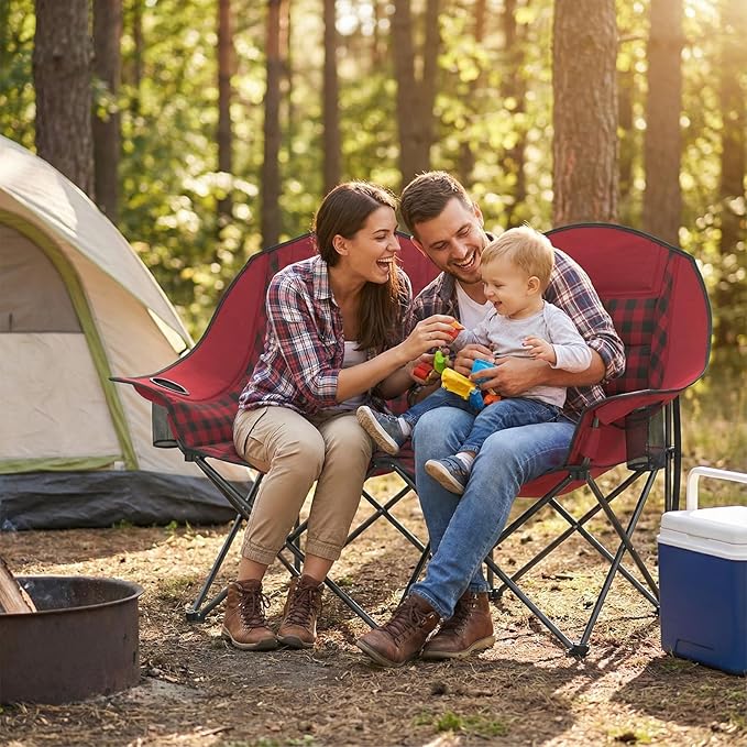 SUNNYFEEL Double Camping Chair Portable Folding Loveseat for 2 Adults Heavy Duty Oversized Camping Couch 600 lbs with Cup Holders & Storage for Outdoor Camping, Beach, Lawn, Patio RV & Indoor Use Red