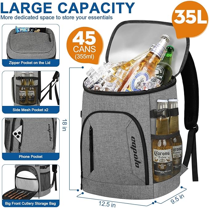 Capolo Cooler Backpack for Men Women Insulated Backpack Cooler Leak Proof Thermal Bag Beverage Soft Cooler Bag Lunch Backpack for Camping 30/45 Cans