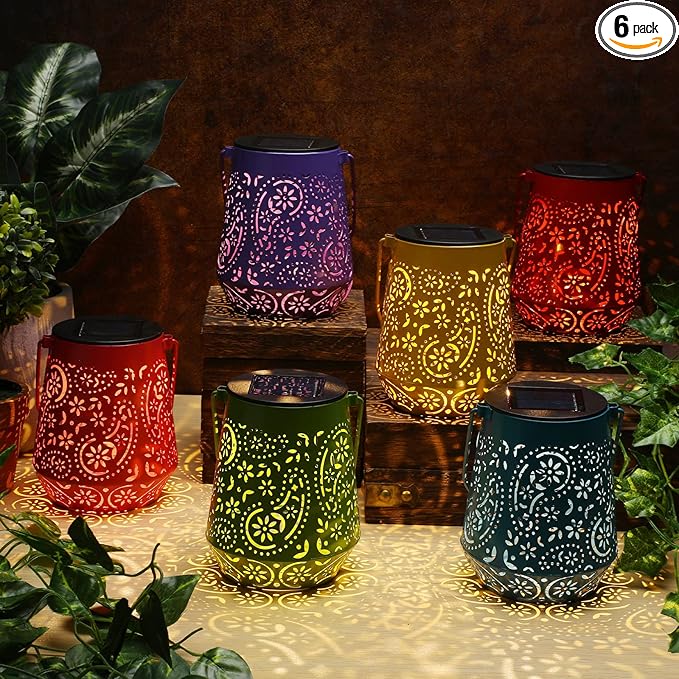 Woanger 6 Pcs Solar Lanterns Outdoor Waterproof for Women Garden Decor Metal LED Hanging Lantern with Handle Decorative Solar Lights for Table Patio Porch Yard Pathway