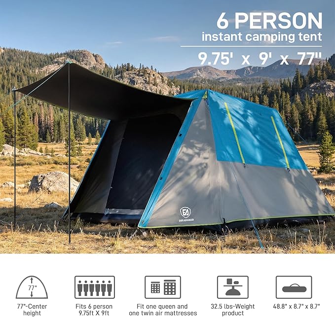 EVER ADVANCED Blackout Design 6 Person Camping Tent, Instant Cabin Tent for Family with Vestibule and Large Mesh Windows, 60s Easy Setup, Double Layer, Water-Resistant