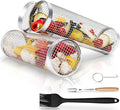 2PCS Rolling Grill Baskets for Outdoor Grill, Big Green Egg Accessories-Set Includes Fork, Hook, and Oil Brush-304g Stainless Steel-Perfect Gifts for Dad, Camping Must Haves, Unique Gifts