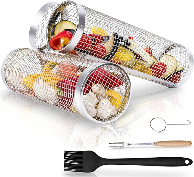 2PCS Rolling Grill Baskets for Outdoor Grill, Big Green Egg Accessories-Set Includes Fork, Hook, and Oil Brush-304g Stainless Steel-Perfect Gifts for Dad, Camping Must Haves, Unique Gifts