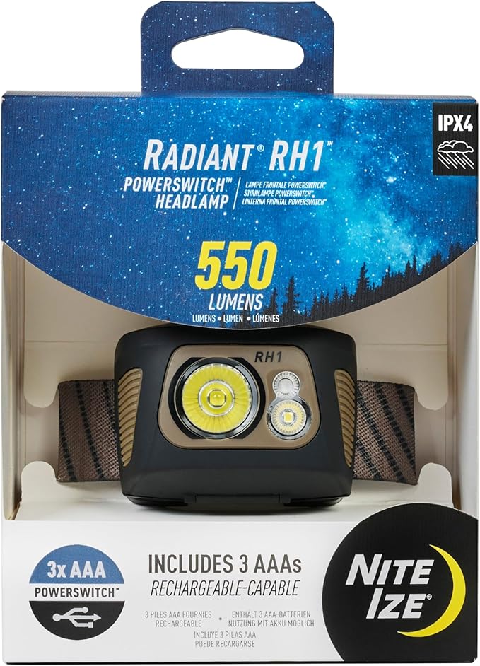 Nite Ize Radiant RH1 PowerSwitch Headlamp - Durable 550 Lumen Headlamp for Visibility at Night - Features Lockout, Spot & Flood Modes, Red/White LEDs, and Innovative PowerSwitch Capabilities