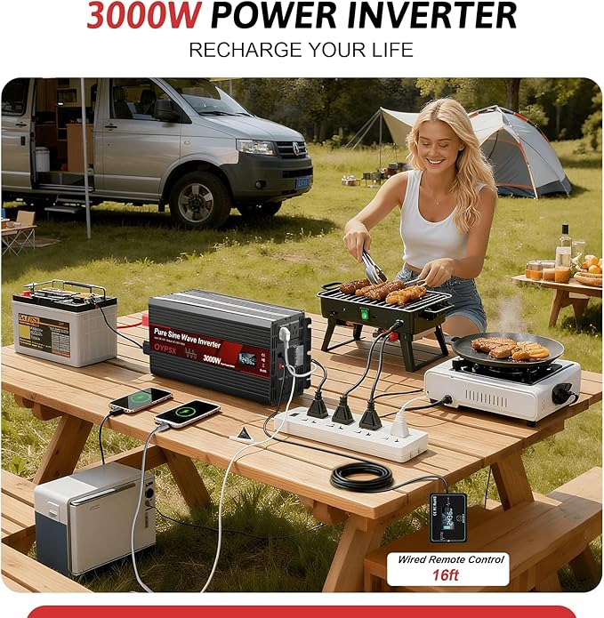 3000W Power Inverter 12V to 110V 120V AC Pure Sine Wave Inverter for RV Truck Camping,Outdoor Off-Grid Power Converter with LCD Display,Wired Controller,AC Outlets USB Ports(12V-3000Watt)