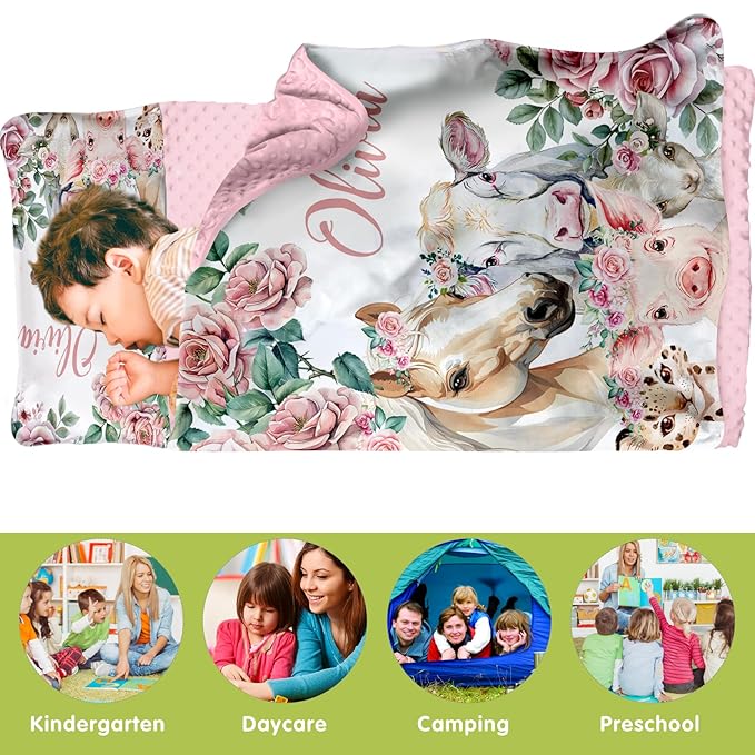 Custom Toddler Nap Mat for Preschool, Personalized Name Pink Kids Sleeping Bag with Horse Pattern for Daycare, Roll Up Sleeping Mat with Removable Pillow and Soft Dot Minky Blanke for Girls Camping
