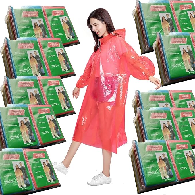 Disney Disposable Rain Poncho, 200 Waterproof Plastic Ponchos for Adults, Bulk with Hood Drawstring, One Time Use Emergency, Concert Hiking Camping