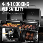 2-Burner Gas and Charcoal Grill Combo with Offset Smoker & Side Burner, 34,000 BTU Dual Fuel Grill, 1020 Sq. In. Cooking Area, Ideal for Outdoor Cooking, Black, ZH3005Y-SC