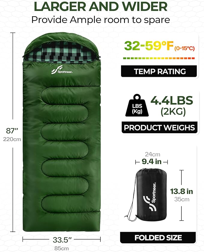 Sportneer Sleeping Bags for Adults, 0 Degree Sleeping Bag XL Flannel Winter Cold Weather Sleeping Bag with Detachable Hood Compression Sack for Camping, Backpacking, Hiking