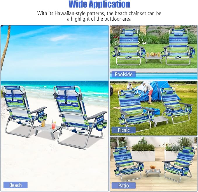 Tangkula Backpack Beach Chair with Table, 5-Position Lay Flat Beach Chairs with Cooler Bag, 2 Cup Holders, Towel Bar, Lightweight Low Folding Beach Chair with Backpack Straps