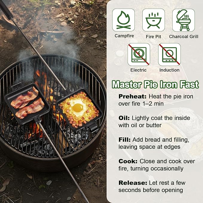 Mountain Pie Maker Cast Iron Set of 2 - Pie Irons for Camping with Storage Bag, Campfire Sandwich Maker Cast Iron