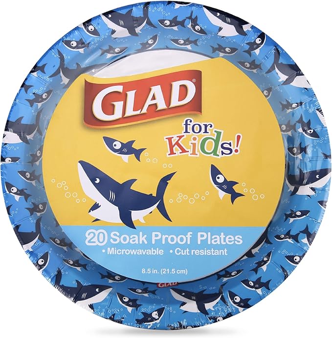 Glad for Kids 8.5 Inch Round Paper Plates, Cute Sharks Design, Heavy Duty Cut-Resistant and Soak-Proof Disposable Plates, Microwavable Kids Tableware for Meals, Parties, Snacks, 20 Count
