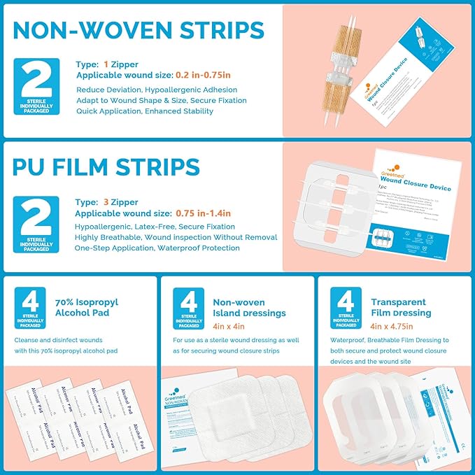 Emergency Wound Closure Strips - 16 Pack Laceration Closure Kit with 2 Types Zip Stitch Butterfly Bandage Sutures Kit - Painless, Stitchless Wound Repair for First Aid, Hiking, Camping & Home