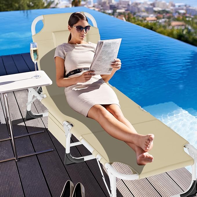 NAIZEA Folding Camping Cot W/Mat for Adults, Adjustable Lounge Chair Outdoor, Heavy Duty Sleeping Cot Bed, Travel Camp Cots for Pool, Beach, Patio Sunbathing