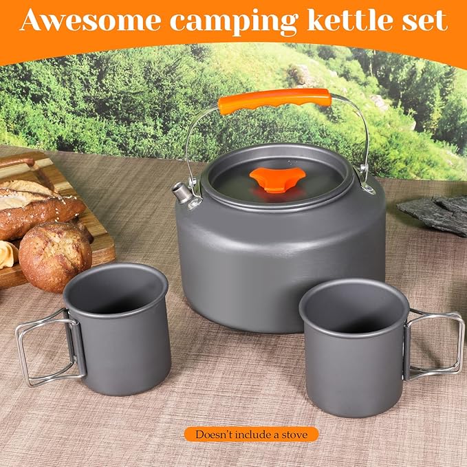 3 Pieces Camping Kettle 2.5 L Camp Tea Coffee Pot with 2 Cups & Carrying Bag Outdoor Campfire Camp Kettle Set for Open Fire, Outdoor Activity, Stove, Hiking, Backpacking