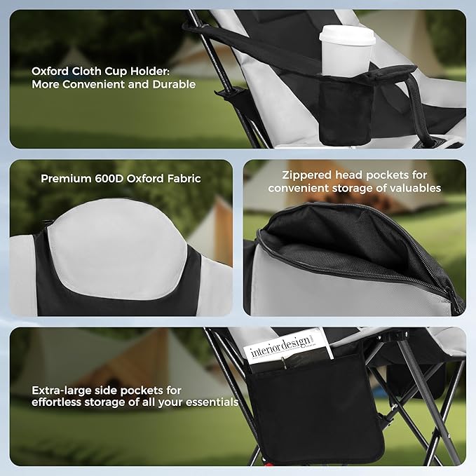 OUTSIDER Heated Camping Chair Heavy Duty 3-Position Folding Camp Chair with 3 Heat Levels, Cup Holder & Side Storage - Outdoor Heating Camping Chair for Adults, Supports 350lbs,Battery Not Included