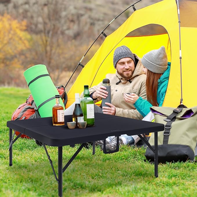 34" Square Folding Card Table, Fold-in-Half Utility Dining Portable Table Heavy Duty HDPE Plastic Foldable with Carrying Handle Indoor Outdoor for Picnic, Camping, Party, Black