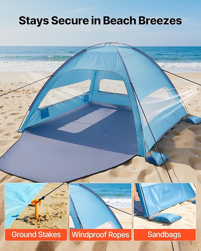 VEVOR Beach Tent Sun Shelter for 8 Person, UPF 50+ Protection, Portable Sun Shade Beach with Carrying Bag & Sand Pockets, Lightweight and Easy Setup Beach Umbrella for Camping Fishing Outdoor Picnic