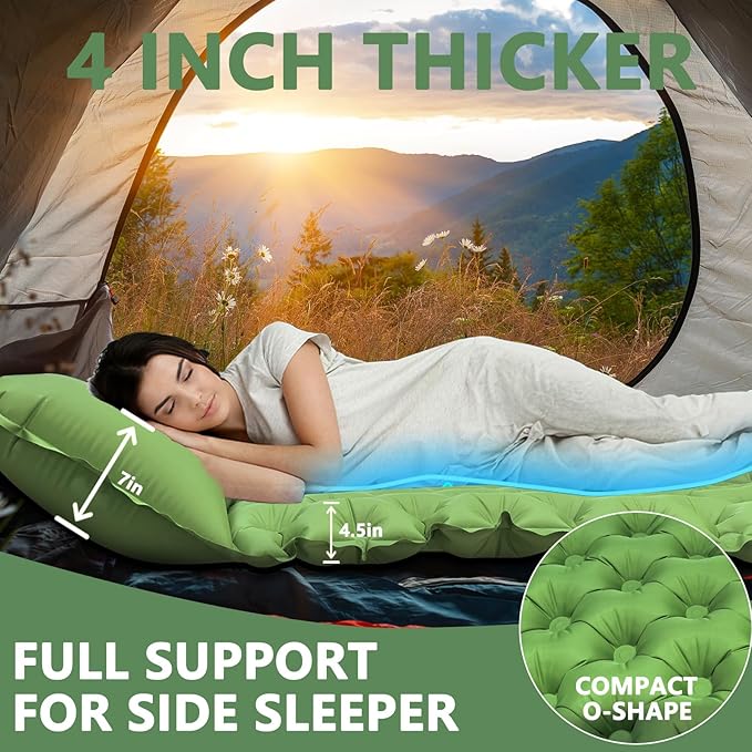 Double Sleeping Pad: Self Inflating Camping Pad Mattress for Backpacking & Outdoor Trips | 4" Thick for Ultimate Comfort | Lightweight & Compact | Sleeping Mats for Beachs, Hiking & Car Travel