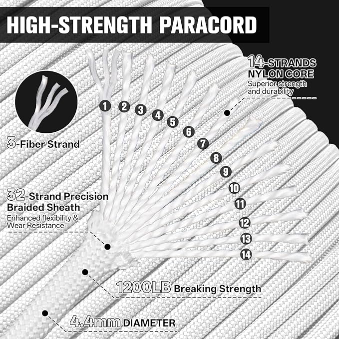 1200 Paracord Rope - 4.4mm 14 Strand Nylon Parachute Spool para Cord Lanyard for Outdoor Camping Survival Utility Tent Crafting DIY Projects Fishing Clothsline Bracelet - White 200FT